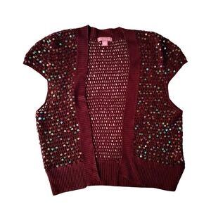 JJ Forever Burgundy Sequin Crochet Knit Vest Cap Sleeve Open Front Womens Medium